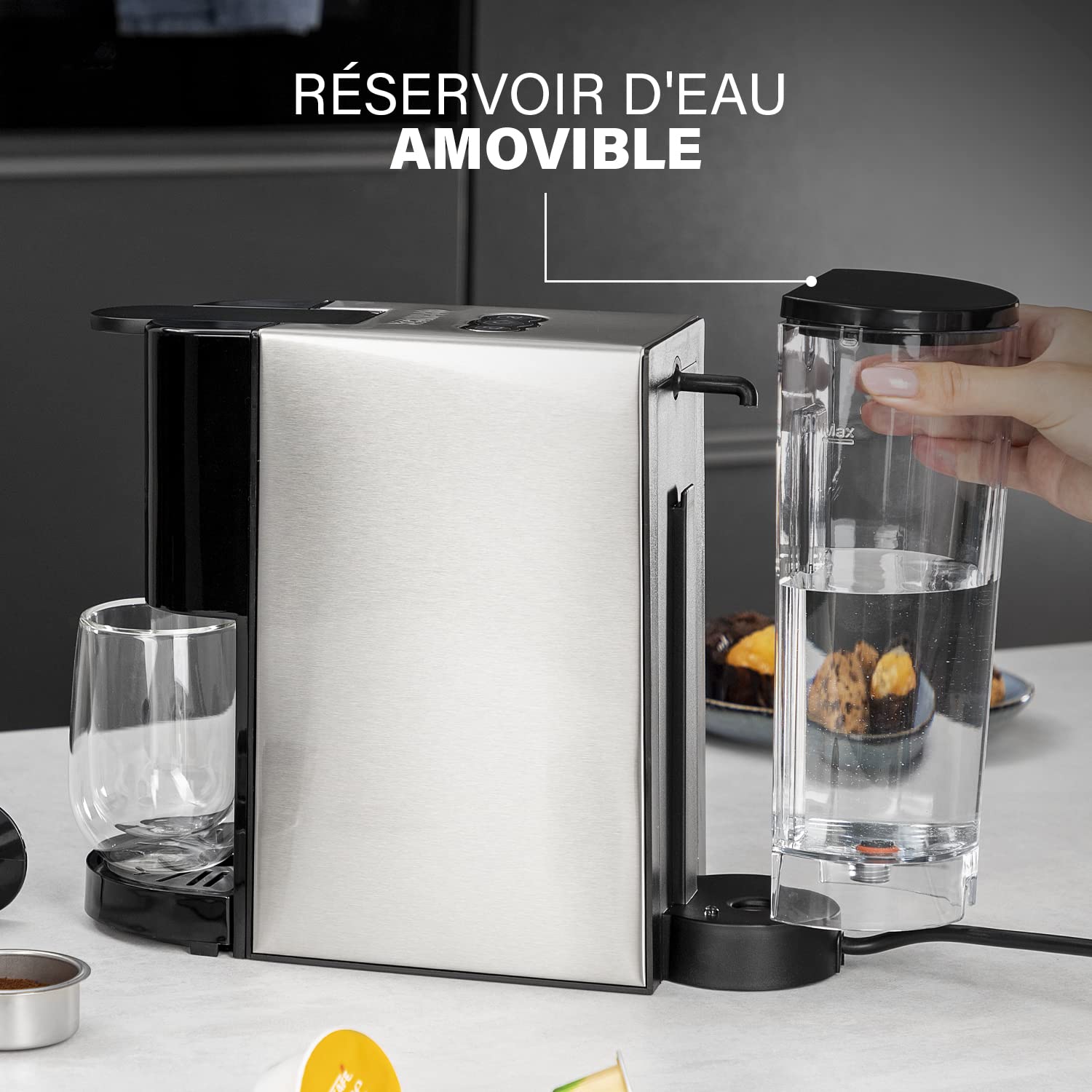 Machine à café multi-capsules 4 en 1 – Capsules, dosettes, café moulu – 800 ml – 1450 W – Noir et argent