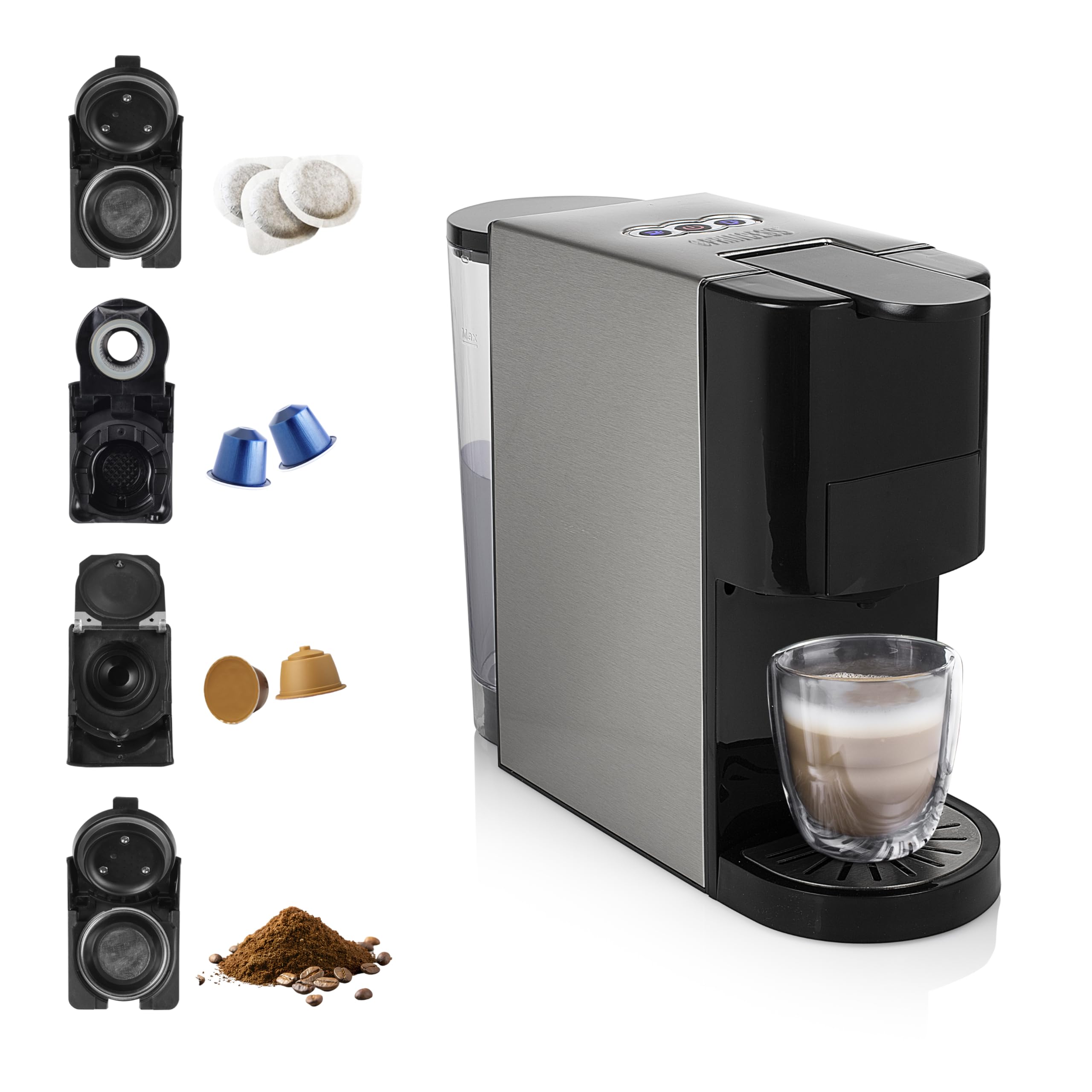Machine à café multi-capsules 4 en 1 – Capsules, dosettes, café moulu – 800 ml – 1450 W – Noir et argent